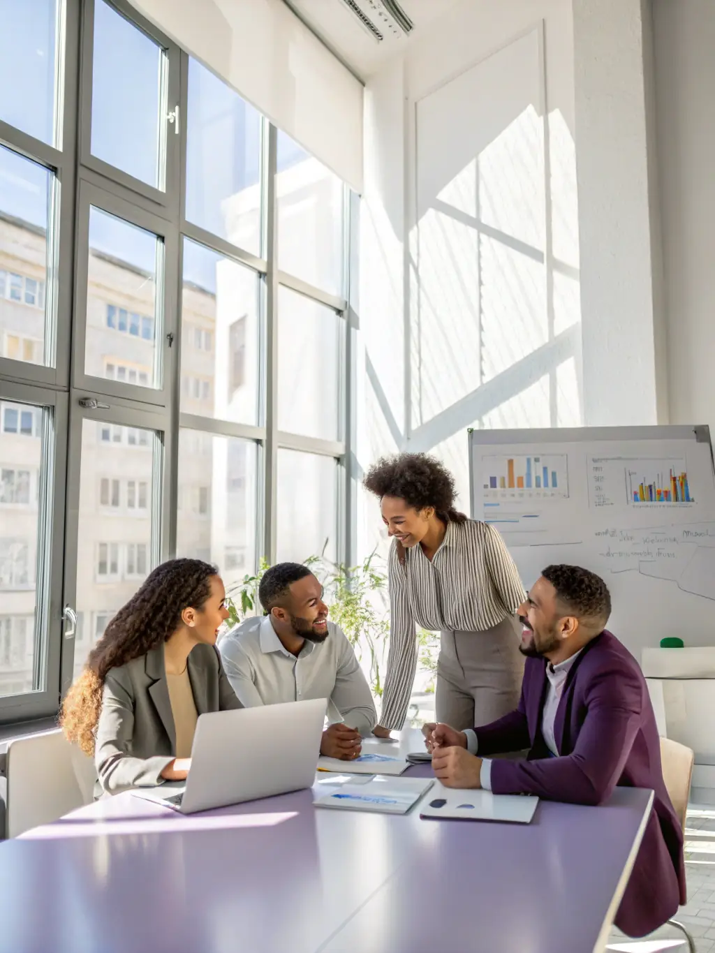 A diverse group of professionals collaborating in a modern office space, representing effective leadership and teamwork.
