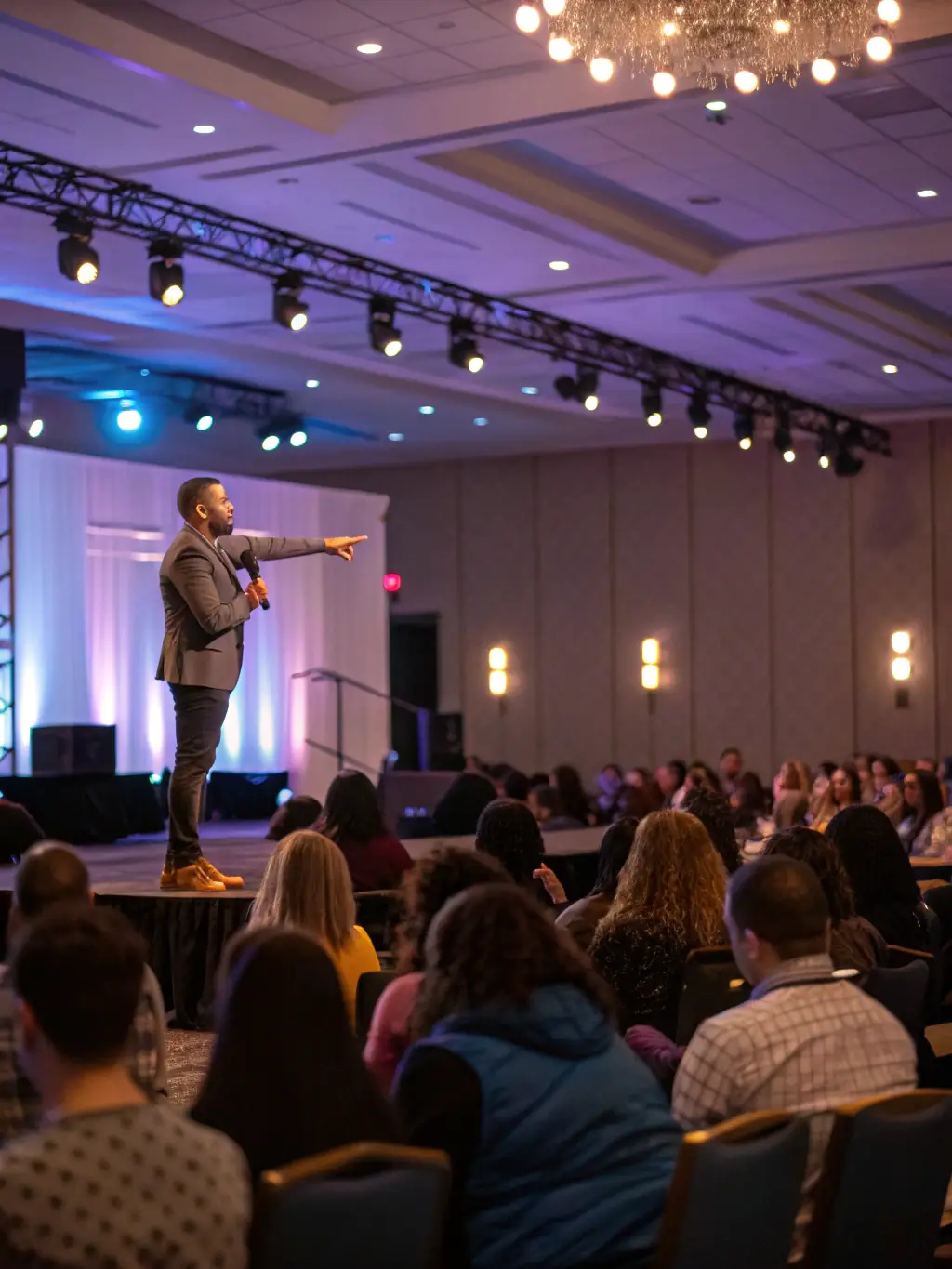 A dynamic image of Bossman Daryl passionately speaking on stage, gesturing towards an engaged audience, symbolizing entrepreneurship and innovation.